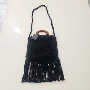 Danielle Nicole wooden handle Boho Black Macrame crossbody bag